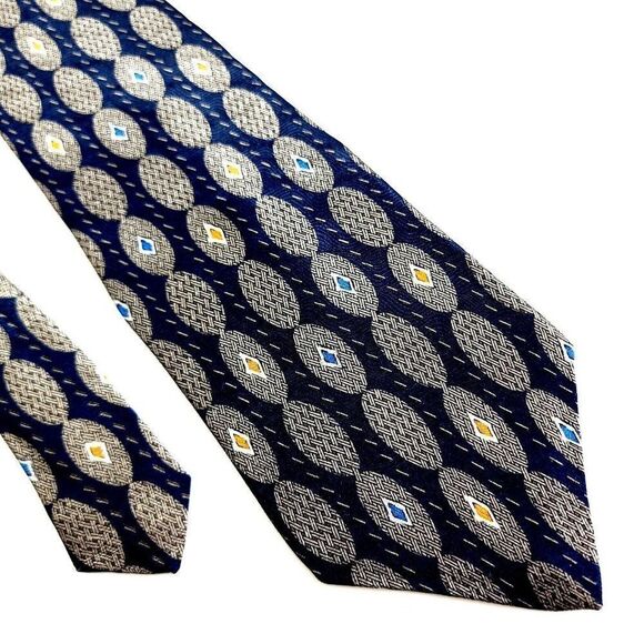 Albert Nipon Blue Beige Tan Geometric Jacquard Print Short Wide Silk Tie - Picture 1 of 7